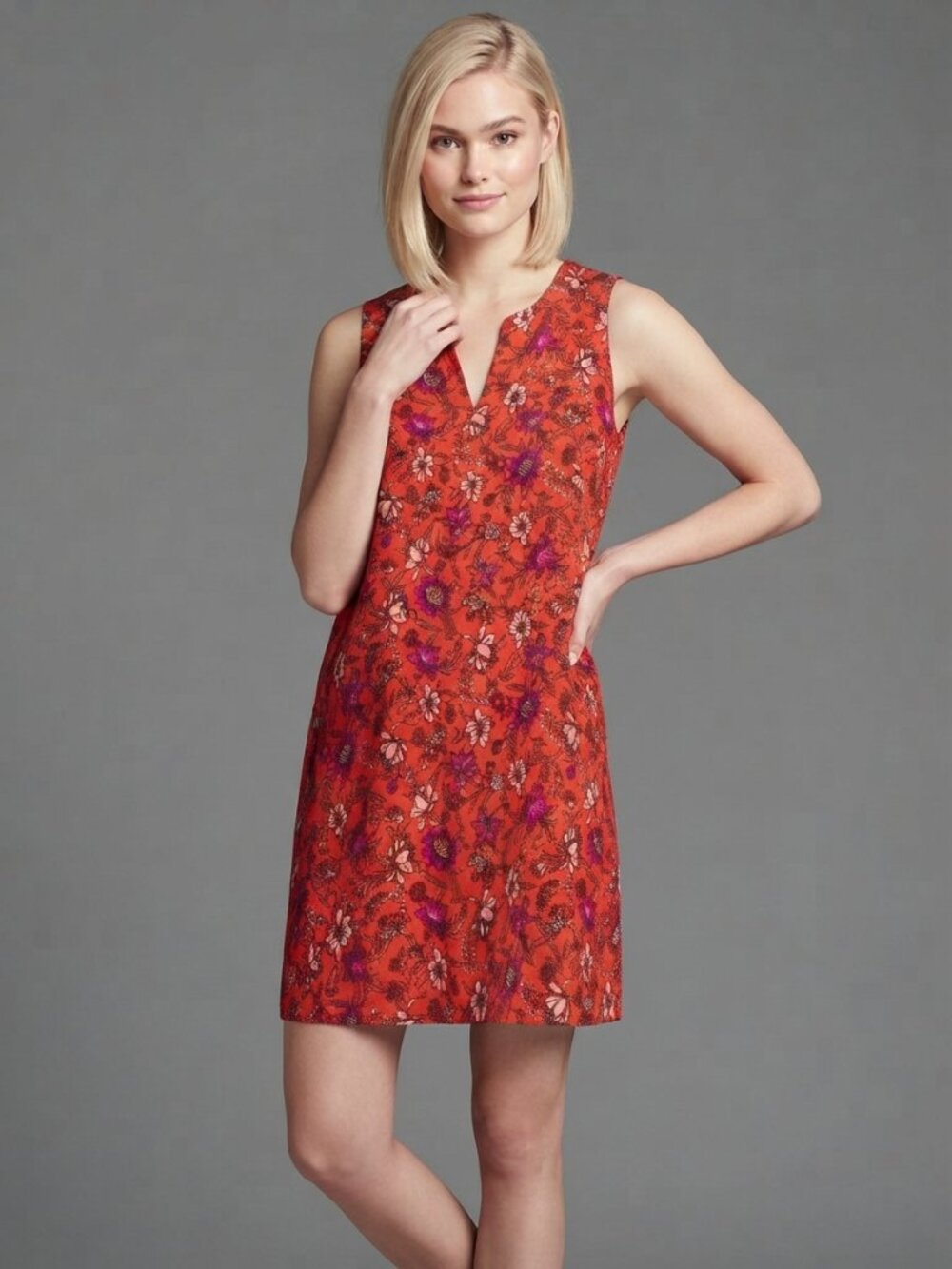 2/$30 Lands' End Jersey Floral Print Sleeveless Shift Dress Orange XL #A4782